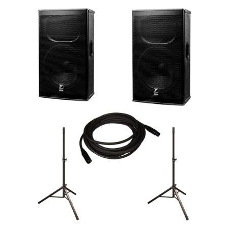 Sound System with 2 Yorkville EF15P Powered Speakers, 2 Speaker Stands, and Cable